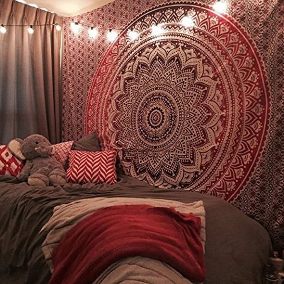 Red Ombre Mandala Boho Bohemian Cotton Wall Hanging Decor Bed Dorm Tapestry - Picture 3 of 9